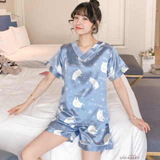 睡衣女春夏季模擬絲短袖兩件套裝可愛薄款冰絲綢韓版夏天家居服居家女睡衣女士睡衣女士休閒睡衣夏季薄款睡衣女士寬鬆睡衣