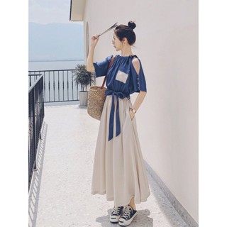 連身裙 短袖連身裙 洋裝 夏天連身裙 A字裙 藍色假兩件連衣裙女 連衣裙 夏天 法式 氣質設計感 腳踝長裙 顯瘦 夏天裙