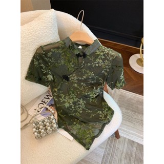 新中式國風盤扣旗袍領短袖t恤女薄荷曼波風不規則設計外穿小上衣 中國風上衣 改良旗袍上衣 新中式襯衣 復古 短袖t恤女 國