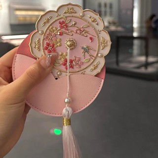 💥臺灣倉庫出貨💥 故宮小紅書桃花文創手持鏡子中式隨身手柄化妝鏡衕款古風錦上添花
