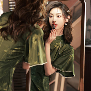 【旗袍趴】年輕款墨綠提花緞倒大袖旗袍淑女範2025年夏季新款改良復古民國風#洋裝#裙子女#民國旗袍
