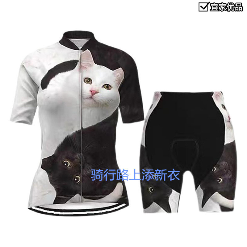 腳踏車服 騎行服 單車服 自行車衣服套裝 車衣 車褲 自行車衣車褲 新款貓咪可愛騎行服女夏季薄款戶外自行車公路車運動套裝
