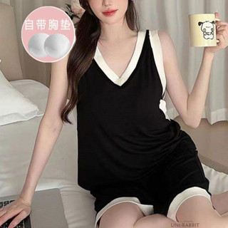 睡衣女夏韓版學生無袖帶胸墊不可拆卸短褲家居服夏天寬鬆背心外穿女士家居睡衣女士睡衣女士休閒睡衣女士寬鬆睡衣