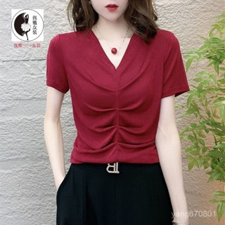 優雅——女裝夏季新款媽媽裝時尚網紗V領短袖上衣T恤氣質顯瘦純色蕾絲打底衫女