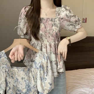 VOVA本鋪 大碼女裝遮肚子方領印花正肩上衣女夏季胖mm洋氣法式碎花雪紡襯衫