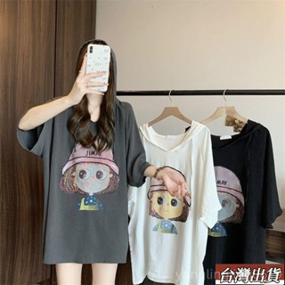 🔥【最熱賣】大碼女裝卡通印花連帽短袖T恤女夏季新款寬鬆顯瘦胖mm上衣女fuz