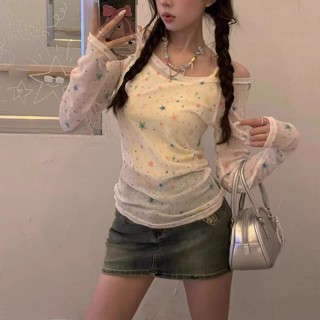 【PING'S🌞】防曬 罩衫 甜美 星星 印花 辣妹 長袖 T恤 修身 一字肩 露鎖骨 純欲 上衣