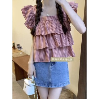 免運出貨🌸短袖襯衫 荷葉邊襯衫 小個子襯衫 格子娃娃衫上衣 女裝襯衫 法式 方領 格子 紅色襯衫 夏季襯衫