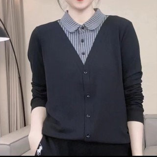 假兩件條紋小衫春季新款時尚休閒螺紋棉I減齡洋氣翻領長袖女上衣