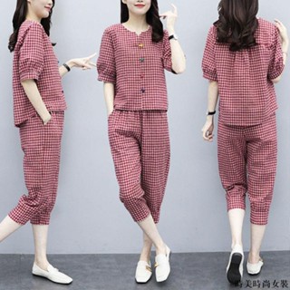 時美時尚女裝 大碼夏季套裝女 兩件套單件/套裝夏季新款大碼女裝復古格子短袖上衣九分褲胖mm遮肚