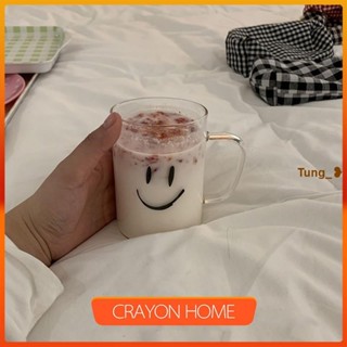 臺灣發貨【免運】韓國ins笑臉可愛簡約輕薄耐熱玻璃杯 帶手把水杯 早餐牛奶麥片杯