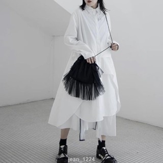 桃園發貨🎉50-90kg可穿長袖襯衫裙女中長款春秋款寬鬆韓版下襬不規則小眾連身洋裝 大尺碼洋裝 寬鬆洋裝 長洋裝