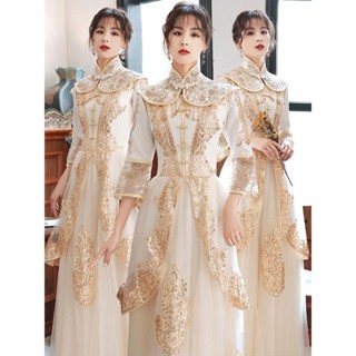 ISLAND#中式伴娘服2025新款冬季長款婚禮漢服秀禾姐妹團香檳色禮服女長袖