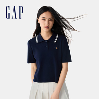 Gap 女裝 純棉小熊刺繡翻領短袖針織衫-海軍藍(729114)