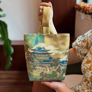 老闆推薦✨中國風仙山樓閣圖趙伯駒可調節小眾復古帆布水桶包長方形手提布袋