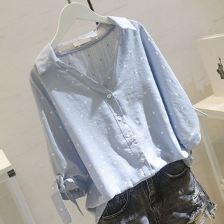 【W-SHOP】Ⓚ😊優質波點大尺碼襯衫女 短袖寬鬆領秋裝白色顯瘦襯衫 休閒V領襯衫 顯瘦長袖襯衫 遮肉上衣 大尺碼女裝