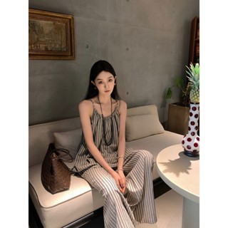 臺灣出貨 免運 女生套裝 高品質 多巴胺 辣妹套裝 時尚條紋吊帶上衣直筒闊腿長褲套裝女2025年夏季設計感小眾兩件套