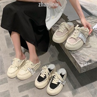 💦熱銷 免運 帆布半拖鞋 女帆布鞋 包頭鞋 帆布鞋 包頭懶人鞋 厚底穆勒鞋 穆勒鞋 女鞋懶人鞋 厚底半拖 包頭拖鞋女