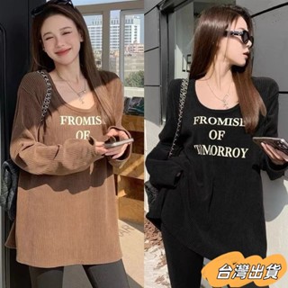 【免運出貨】M-4XL 大碼女裝 大尺碼上衣 字母印花長袖T恤女裝春秋冬新款別致辣妹風中長款開叉寬松上衣潮sdfd