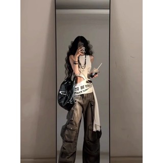 SF 美式辣妹字母印花解構背心女夏季設計感不規則鏤空修身打底衫上衣