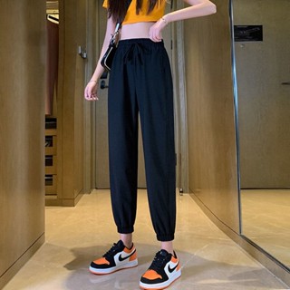 胖妹妹👗大尺碼 大尺碼長褲 冰絲速乾運動褲女夏季薄款燈籠涼涼褲寬鬆束腳顯瘦百搭運動休閒褲 冰絲運動褲 休閒褲