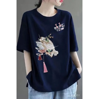 【胖丫女裝】胖mm大碼女裝 國風女裝 短袖T 【店鋪熱銷】短袖T恤女夏新中式國風大碼200斤媽媽裝寬鬆顯瘦百搭簡約上衣