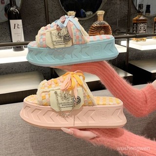 臺灣出貨年夏季新款厚底增高帆布一字拖女ins潮鬆糕外穿時尚外出百搭 防水拖鞋 室外拖鞋 居家拖鞋 室內拖鞋 室外拖鞋