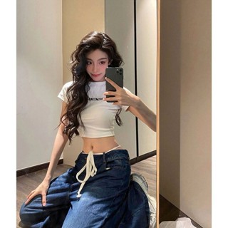 Miss推薦✈辣妹正肩上衣女短款夏季美式修身顯瘦2025新液態金屬印花短袖t恤
