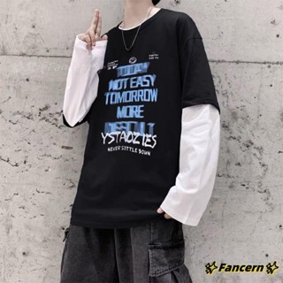 ✨Fancern✨ 臺灣出貨 ins潮流寬鬆長袖t恤男假兩件秋季百搭時尚休閒學生青少年韓版上衣