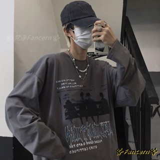 ✨Fancern✨ 臺灣出貨 情侶裝港風ins復古天使小熊寬鬆大碼圓領T恤男女學生百搭長袖上衣