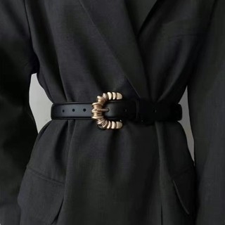 免打孔皮帶 腰帶 歐美風新款大衣腰帶高階感裝飾百搭西裝外套金屬扣皮帶女士腰封黑 腰封 腰繩 腰鍊