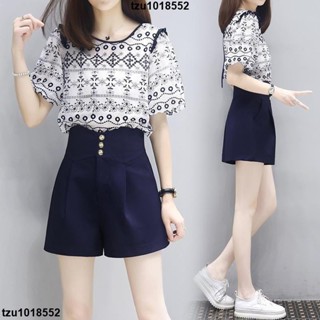 超低價四 單件/套裝新款夏季兩件套大碼女裝短袖上衣時尚休閒短褲套裝