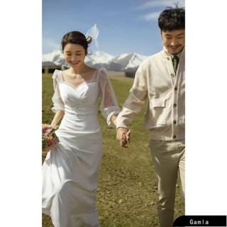 【Gamla】法式緞面輕婚紗 高階感旅拍森系外拍自助婚紗 旅拍寫真登記結婚禮服 簡約長袖小拖尾新娘證婚禮服洋裝 甜美白色