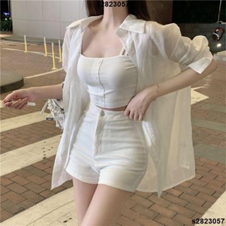 大促銷 白色襯衫防曬外套 薄款透感長袖防曬套裝 夏季女生套裝 百搭吊帶上衣+短褲+防曬外套 短褲套裝 三件式套裝