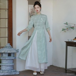 春令夏晚 旂袍 女裝 復古 中國風 刺繡 民國風 漢服 複古繡花設計中式茶服年輕顯瘦國風繡花兩件套長款提花上衣闊腿褲套裝