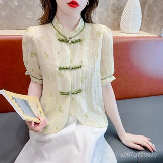 🔥48H出貨 古風刺繡棉麻襯衫女 國風文藝復古改良上衣 夏季禪意寬鬆茶服短袖 新中式複古盤扣雪紡衫女夏季立領泡泡袖
