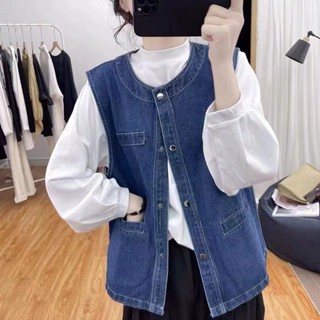 Luzi🎀M-3XL 大尺碼 馬甲 背心外套 圓領牛仔馬甲女寬鬆復古韓繫減齡上衣百搭坎肩無袖夾克衫