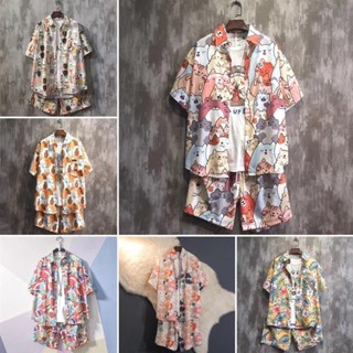 ❤胖多多男裝❤休閑夏威夷襯衫短褲套裝男 短袖套裝男生【M-3XL】夏季潮流花襯衫寬松短袖日系大碼海邊情侶沙灘套裝男vb