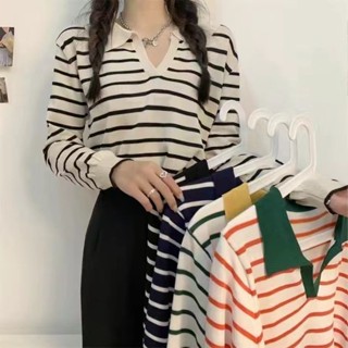 Luzi🎀美式復古POLO領長袖T恤女早秋新款寬鬆設計感小眾條紋針織上衣上衣長袖上衣長袖T恤素T大學T內搭上衣