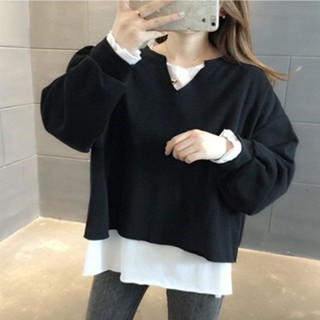 Luzi🎀大尺碼上衣 假兩件上衣 寬鬆上衣 假兩件套上衣大碼女裝秋冬加絨寬鬆無帽衛衣寬鬆外套ins潮