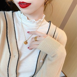 Luzi🍀M-4XL大尺碼大尺碼春秋季螺紋半高領打底衫女裝內搭薄款長袖T恤白色木耳邊上衣
