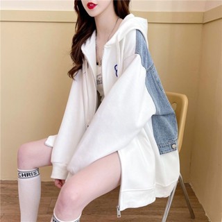 Luzi🎀韓版大尺碼外套女開衫外套特大尺碼女裝150公斤連帽牛仔外套女外穿潮ins寬鬆大尺碼開衫衛衣潮秋冬天外套