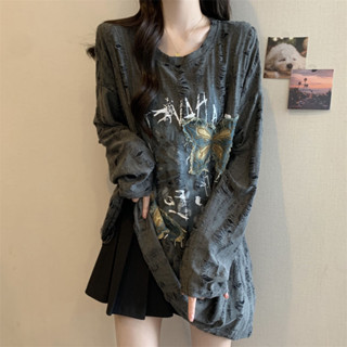 美式複古蝴蝶貼布長袖T恤女秋季新款韓版寬鬆顯瘦中長款上衣西西