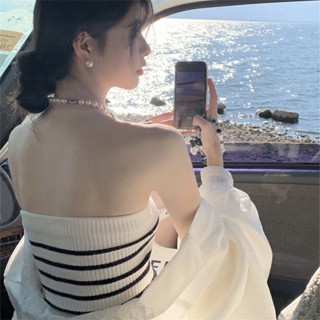 甜心公主Meet 👗女裝館 【5491人收藏】夏季新款港風復古吊帶外穿chic經典條紋針織抹胸上衣內搭小背心女
