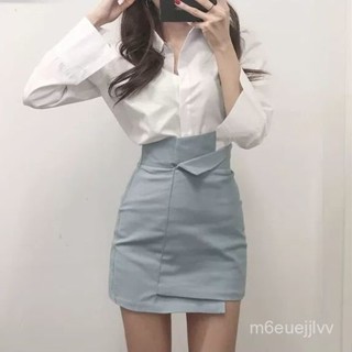包臀短裙 半身裙+白色襯衫上衣 長袖襯衫 不規則包臀裙 a字包臀裙 A字裙 高腰短裙 顯瘦 OL 工作裙 兩件式套裝