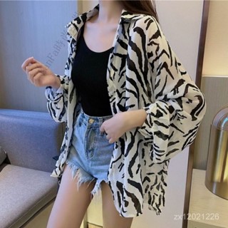 LanFa時尚女裝/防曬衣女 夏季 薄款 外套 透氣休閒 薄款斑馬紋防曬衣女新款夏季韓版寬鬆百搭polo領長袖雪紡開衫