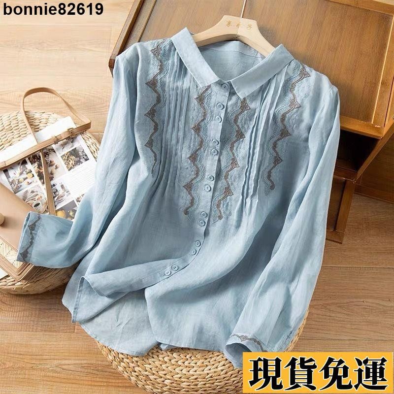 🌸限時低價🌸 剪標撤櫃女裝專櫃正品春夏刺繡苧麻襯衫文藝複古棉麻寬鬆休閒襯衣