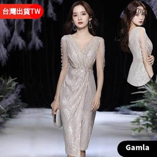 特惠💖Gamla 訂製 女士香檳色禮服名媛宴會晚禮服 主持人修身顯瘦晚宴服 日常約會洋裝 訂婚宴晚禮服 慈善晚會化妝舞
