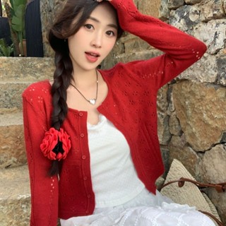 設計感鏤空短款紅色開衫女夏季薄款外搭修身顯瘦防曬針織長袖上衣 夏季外套 薄外套 罩衫外套 開衫上衣 小外套 紅色外套