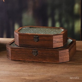 木質收納盒 收納櫃 展示櫃 復古仿舊木櫃 桌上收納 置物架 複古木質海棠花玻璃收納盒桌麵長方形化妝品雜物首飾翻蓋儲物木盒